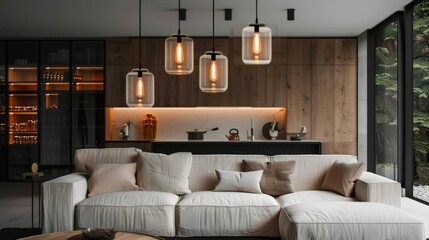 Modern living room with elegant lighting, cozy sofa and stylish kitchen. Contemporary home design and wooden decor