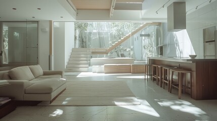 Modern living space with natural light, featuring a cozy sofa, kitchen island and wooden staircase leading to upper floor
