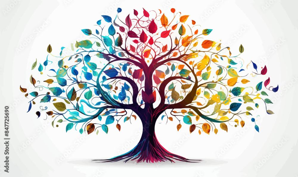 Poster tree of life with leaves concepts, vector illustration of a colorful tree with roots