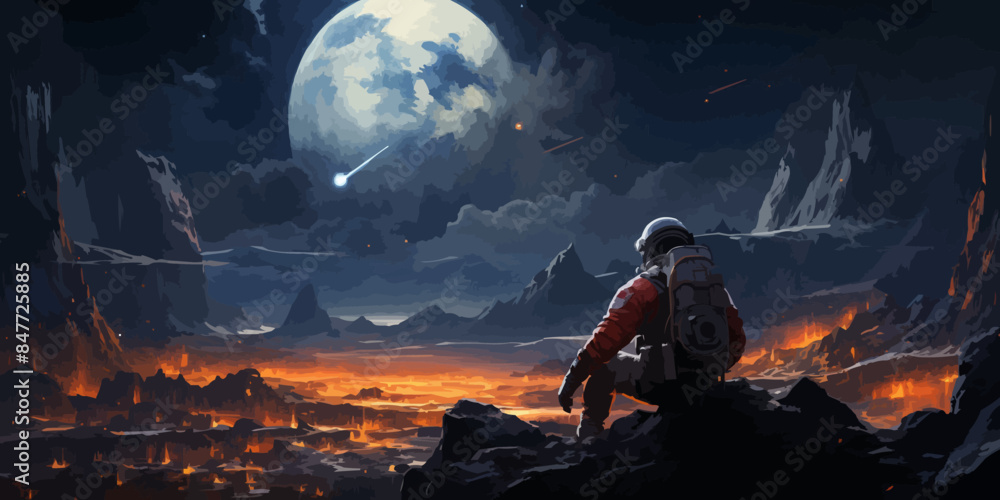 Wall mural two astronauts siting on rocks looking at the night sky, digital art style, illustration painting