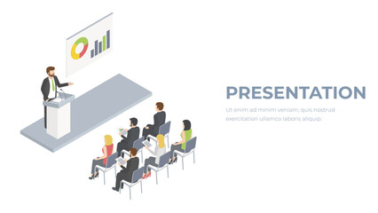 Isometric business presentation. People are listening to the speaker's presentation. Business people consept. 