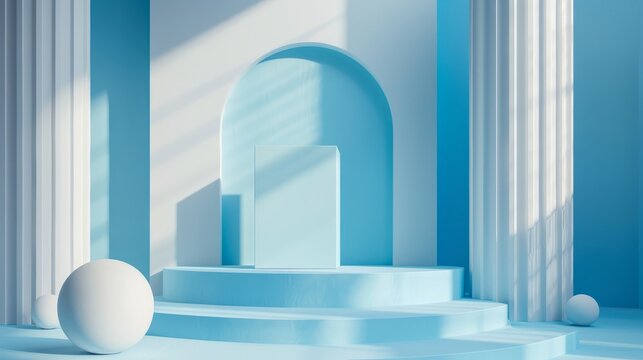 3d white geometric forms. Box podium in blue color. Fashion show stage,pedestal, shopfront with colorful theme. Minimal scene for product display.
