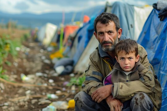 refugee man and his child looking out over sea at dusk, contemplating their uncertain future. man and child sitting amidst garbage, gazing at sea during sunset, reflecting on their journey as refugees