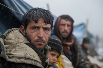 Fototapeta premium An intense portrait of a refugee father carrying his child, both looking directly ahead with expressions of resilience amidst a blurred and harsh background, life of refugee