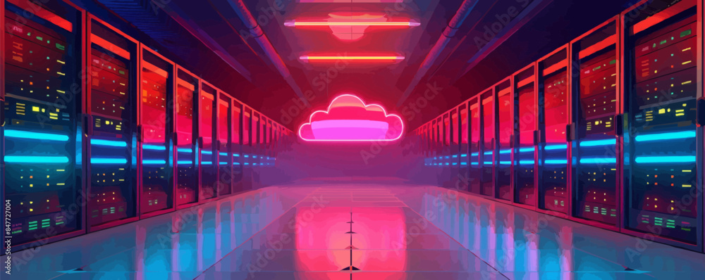 Poster computer in the data center. cloud computing service on a large server farm. cyber â?<â?<security at