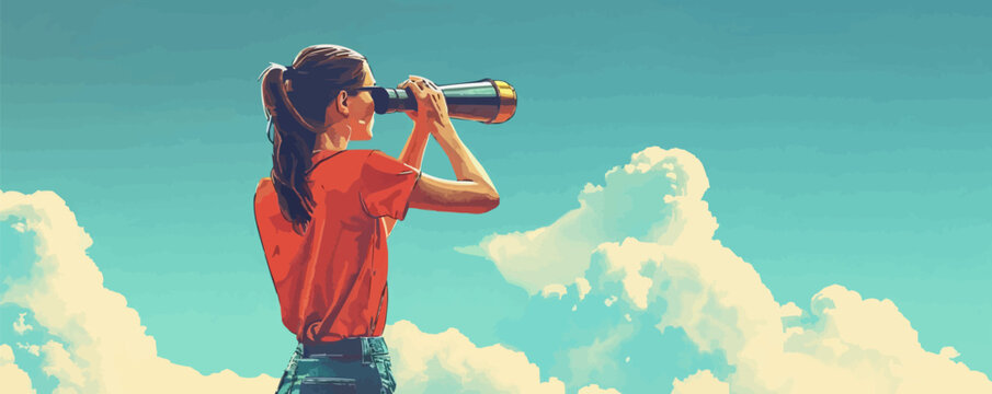 Business strategy, future forecasting, search. Woman looking forward through a telescope on the sky background. Vision, opportunity, goal concept. Vector flat minimalistic isolated illustration