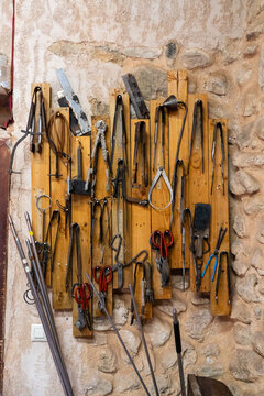 Glass blowing tools in a craft glass blowing workshop