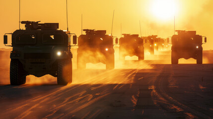 Armored military vehicles traverse a dusty road at sunset, their formations silhouetted against a warm, glowing horizon, evoking themes of defense and resilience.