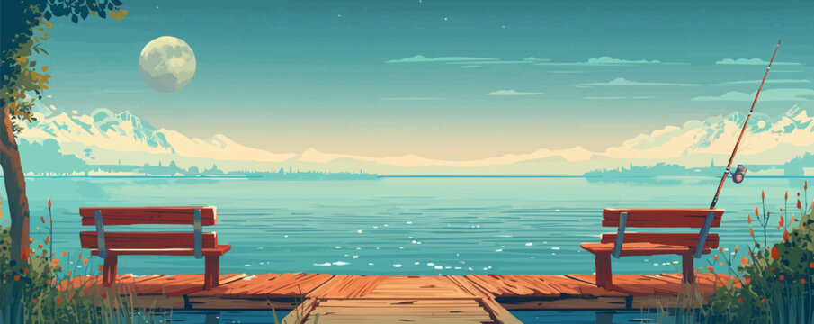 Cozy lakeside dock with wooden benches, fishing rods, and a view of the shimmering water. Vector flat minimalistic isolated illustration.
