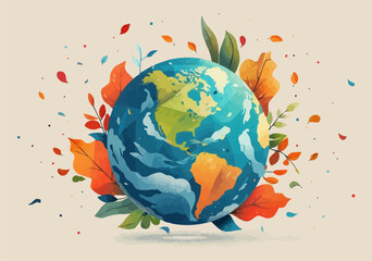Earth planet with leafs Vector flat minimalistic isolated illustration