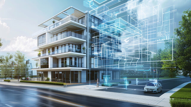 A modern building with digital blueprint overlays illustrates the futuristic integration of design and technology in urban architecture.