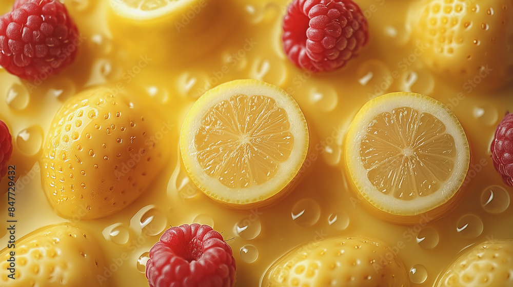 Poster a close up of a yellow lemon and a red raspberry