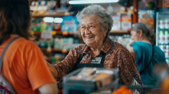 An elderly woman with gray hair smiles as she helps a customer at a local grocery store