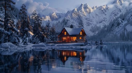 Fototapeta premium Cozy Winter Cabin by SnowCovered Mountain Lake During Sunset