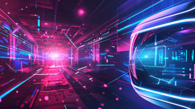A dazzling array of neon lights and digital effects in a cybernetic corridor, viewed through the lens of a sleek VR headset, offering a glimpse into a high-tech future.