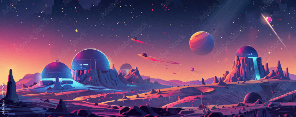 Poster futuristic space habitat orbiting a distant planet, with domed structures and solar arrays. vector f