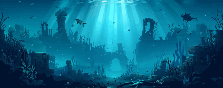 Ghostly underwater city with ruins of ancient structures and marine creatures. Vector flat minimalistic isolated illustration.