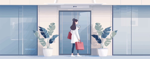 Happy businesswoman using mobile phone while arriving at hotel. Vector flat minimalistic isolated illustration
