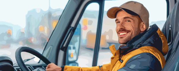 Happy professional truck driver driving his truck and looking at camera. Vector flat minimalistic isolated illustration