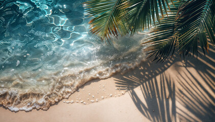 Tropical leaf shadow on water surface. Shadow of palm leaves on white sand beach. Beautiful abstract background concept banner for summer vacation at the beach.