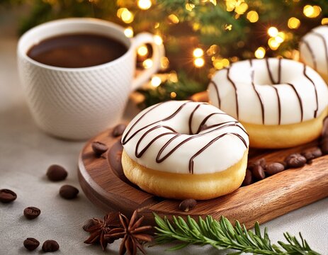 Beignets et collations au chocolat enrob&eacute;s de vanille blanche servis avec caf&eacute;