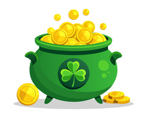 Green iron cauldron full of gold coins isolated on white background. Stack of gold coins near the green pot. St. Patricks Day symbol. Vector illustration.
