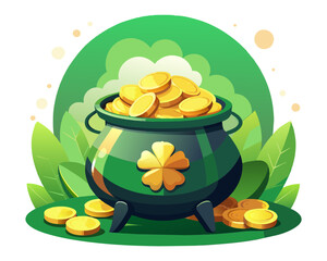 Green iron cauldron full of gold coins isolated on white background. Stack of gold coins near the green pot. St. Patricks Day symbol. Vector illustration.
