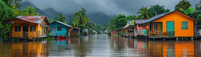 Naklejka premium Tropical village street under heavy rain, vivid colors of the houses contrasting with the grey sky and reflective water, capturing the essence of monsoon season