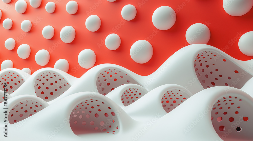 Poster the image is a close up of a white and red surface with many small white circles