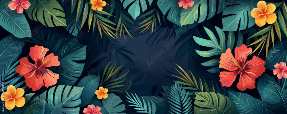 Wall mural Jungle flower pattern with tropical palm leaves and flowers on dark background, mother's day card concept, women's day, wedding. Design with flowers space for text, copy space. vector simple