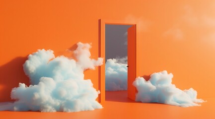 3D render of minimalistic clouds in a orange background with a door-shaped form, using a blue and white color palette