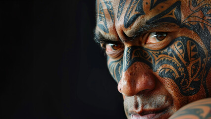 gros plan d'un homme au regard grave avec le visage recouvert de tatouage tribal