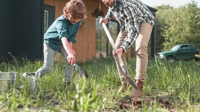 Happy Caucasian father digging hole with shovel. Hardworking son using gardening equipment while helping his father. Preparing for planting tree or flowers. Teamwork. Concept of family.