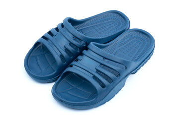 Colorful blue Sandals shoes. Pair of stylish blue flip-flops on white background