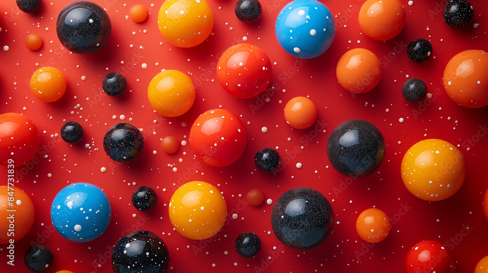 Poster A red background with many different colored balls scattered around it