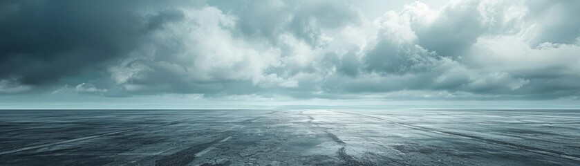 Obraz premium Vast concrete floor extending into a cloudy horizon, depicting a surreal and infinite landscape suitable for conceptual art