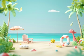 Tropical Beach Scene in 3D Cartoon for Summer Vacation Posters and Cards
