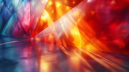 An abstract background featuring triangular prisms casting colored shadows, vibrant hues, hd quality, digital art, high contrast, geometric precision, modern design, dynamic composition.