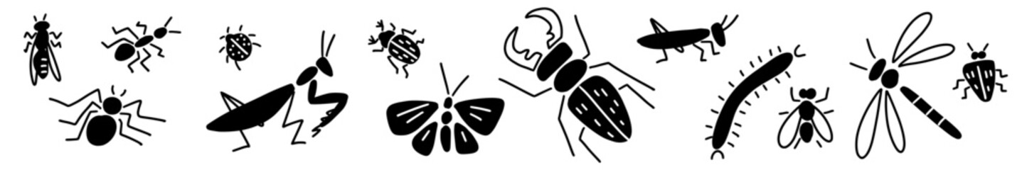 Vector horizontal collection of hand-drawn insects in the style of doodles