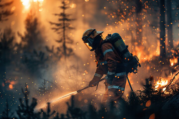 Firefighter extinguish a forest fire. The concept of dangerous work of rescuers. Generated by artificial intelligence