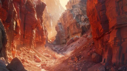 Desert canyon with narrow pathways and towering walls of red rock, illuminated by the soft light filtering down, showcasing the dramatic and hidden wonders within the desert landscape 