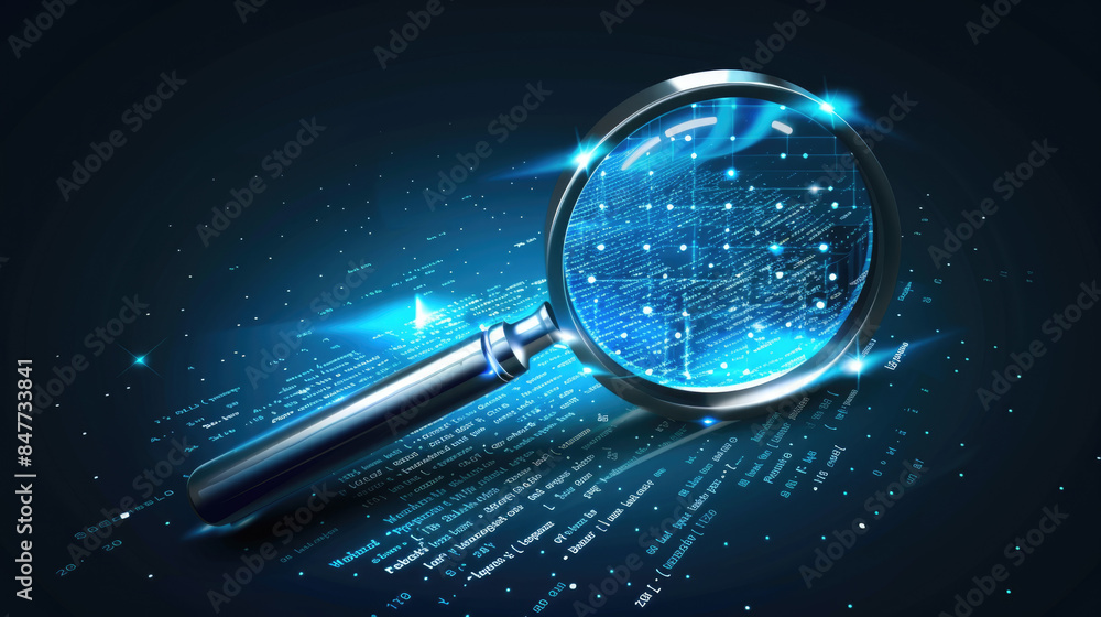 Wall mural data analysis concept with magnifying glass, digital data search, binary code investigation, informa