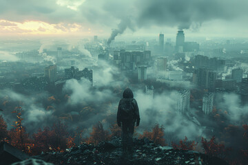 A lone zombie standing on a hill overlooking a destroyed city. Concept of desolation and aftermath. Generative Ai.
