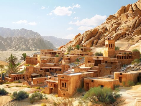 Traditional desert dwellings made of adobe or stone, nestled against a backdrop of sand dunes and rocky hills, reflecting the architectural adaptation to the harsh desert climate 