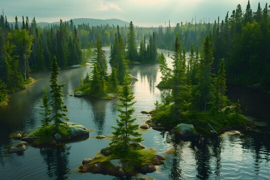 Serene Forest Lake Landscape with Pine Trees at Sunset - Ideal for Nature Posters, Inspirational Quotes, Travel Brochures