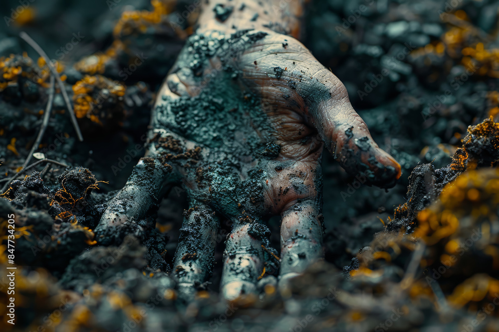 Poster a decaying hand breaking through the soil of a grave. concept of resurrection and dread. generative 