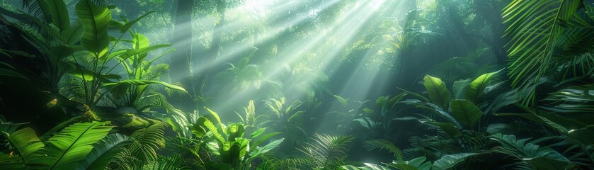 Fototapeta premium Sunlight streaming through dense jungle foliage, creating a mystical and serene atmosphere with lush green vegetation
