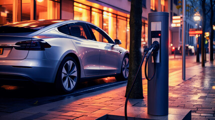 Fototapeta premium EV Car or Electric vehicle at charging station with the power cable supply plugged in on blurred nature with blue enegy power effect. Eco-friendly sustainable energy concept.
