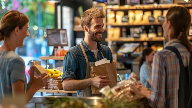 A smiling shop clerk bags groceries for a customer while interacting with another customer