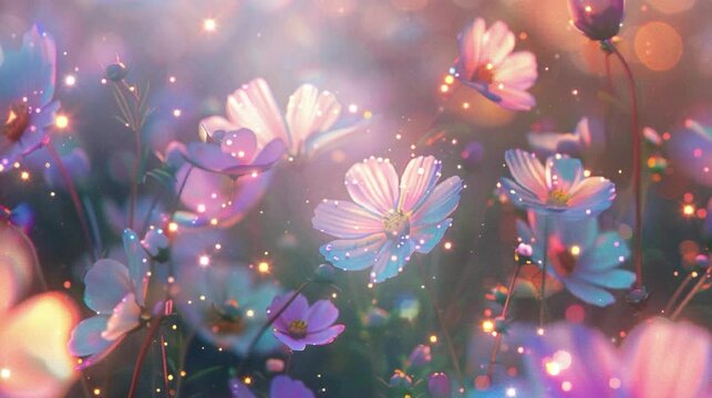 A field of iridescent pastel flowers, shimmering in the sunlight with colors that shift and change as they catch light from different angles. The petals sparkle like tiny diamonds